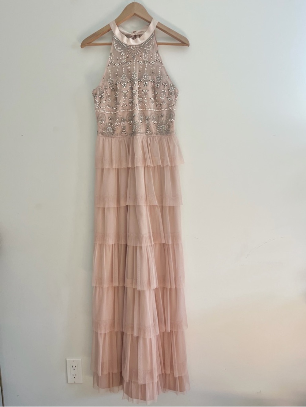 Adrianna Papell Blush Pink Tiered Tulle Skirt Beaded Bodice Ball Gown Dress Sz 6 - Picture 3 of 15
